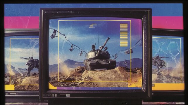 Stylized sci fi scene showing a battle tank and armed mech robot displayed on vintage CRT monitors, with digital interface overlays and glitch textures in neon colors