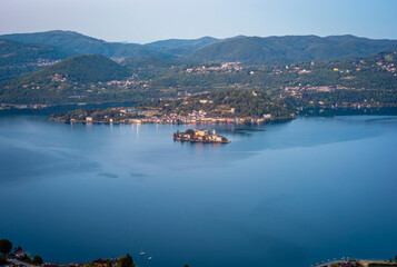 Panorama at the dusk of the Orta Lake (Piedmont, Northern Italy), seen from the top of Madonna del Sasso Sanctuary, over the western banks of the lake (UNESCO Site). © stefanopez