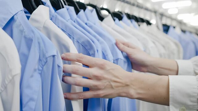 Rows of white shirts hanging on wooden hangers, crisp pressed collars, bright cooltoned lighting, boutique clothing rack in modern retail store, professional