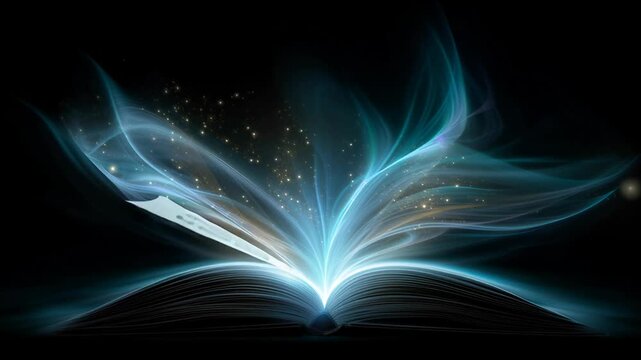 Open book luminous blue energy waves swirl above pages, tiny particles shimmer into arcs, reflective water surface below, deep black background, cinematic soft