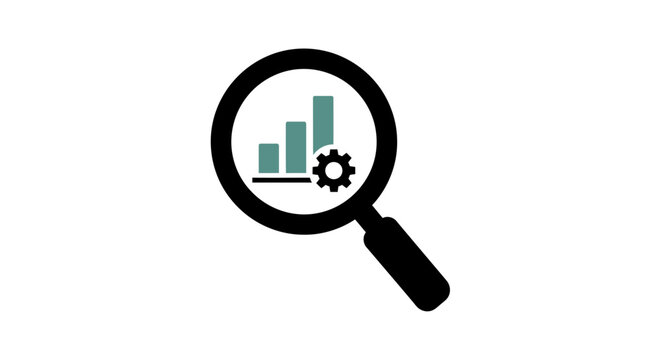 Magnifying glass with bar chart graph.