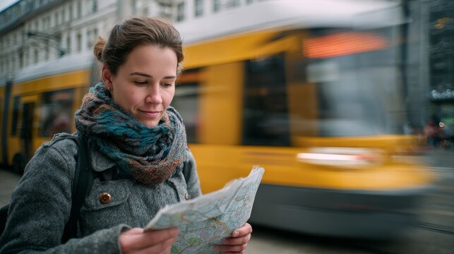 Candid travel scene of a young woman in winter coat and scarf reading a paper map outdoors while a yellow tram speeds past, suggesting commuting, navigation and city life