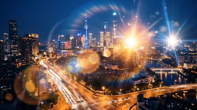 Time lapse and light flare in the city at night
