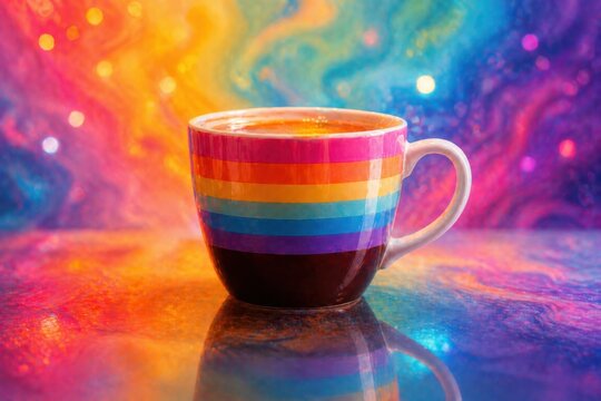 Colorful rainbow coffee mug on vibrant abstract background, bright and cheerful.