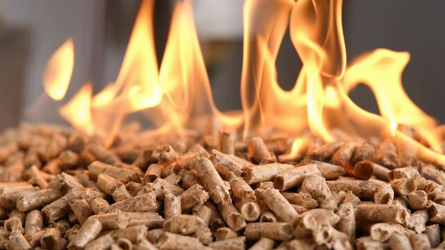 Burning wood pellets with golden flames, closeup macro of biomass fuel igniting on burner, dancing orange tongues and glowing embers, textured pellet surface