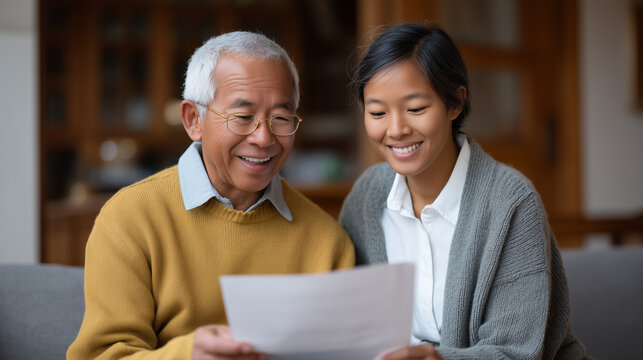 Elderly Vietnamese grandfather reviewing community college enrollment form with adult granddaughter acting as interpreter, modest living room, intergenerational education access, ESL adult learner, 