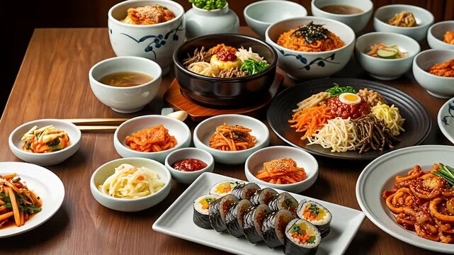 A delectable array of assorted Korean dishes artfully arranged on a wooden surface