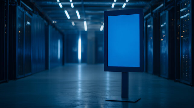 Loading screen UI mockup displayed on vertical monitor in dark server room corridor. Rack-mounted hardware glowing behind screen, cable bundles overhead, concrete floor reflecting blue ambient light