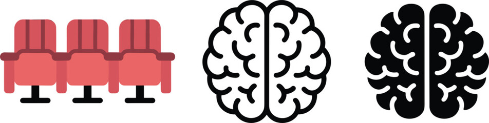 Fototapeta premium Cinema theater red seat row and human brain icon set for psychology of movies entertainment marketing mental health awareness and creative thinking concepts.