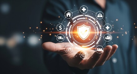 Fototapeta premium Digital shield icon with network of icons on a hand, concept of data security and protection