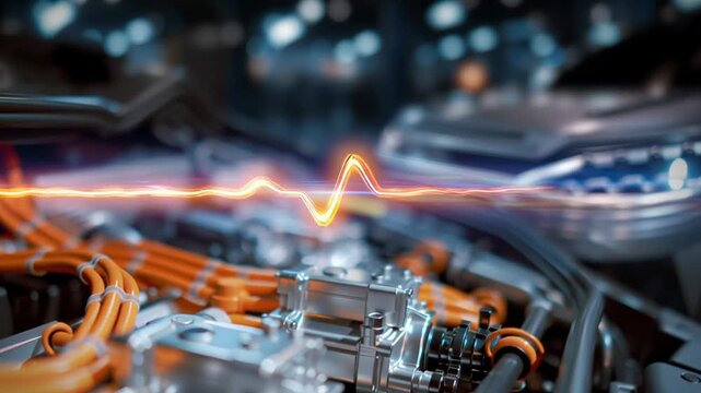 Glowing waveform over electric engine showing energy pulse animation tracing power flow across orange highvoltage cables and metallic motor components