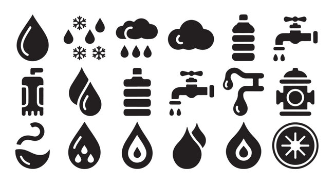 Water related icons like drops bottles taps clouds snow and fire hydrant.