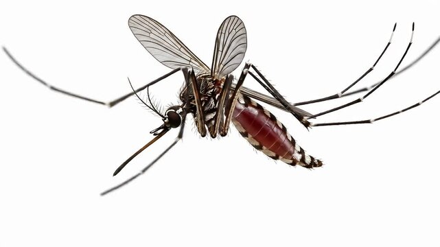 Extreme close-up of a mosquito with a engorged red abdomen against a white background