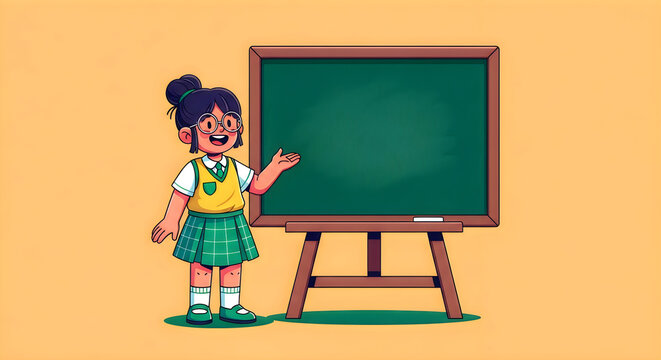 Young student presenting at a chalkboard educational illustration