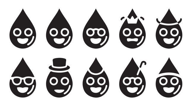 Set of funny water drop characters with different accessories and expressions black icons.
