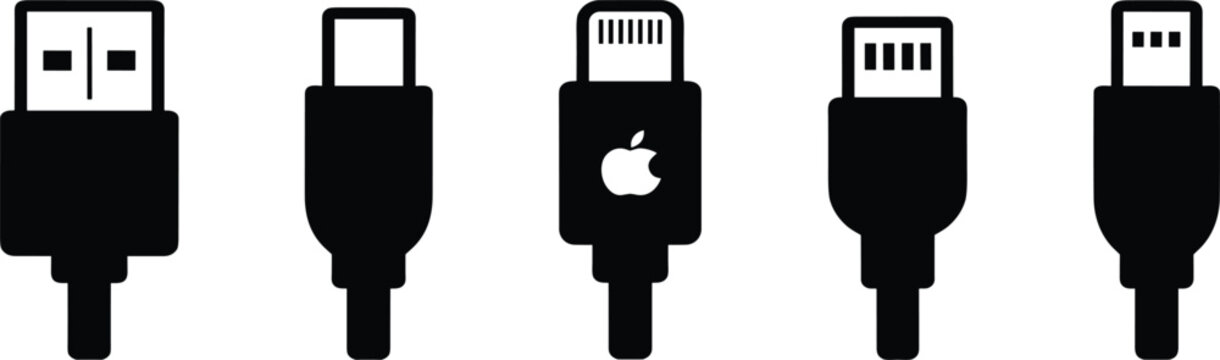 Collection of various universal charging cable connectors including USB type A, USB-C, lightning, and micro USB black icons isolated on white background for technology design.