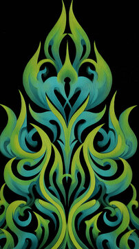Stylized flame pattern in neon green and yellow on black background, tribal tattoo art aesthetic, flowing organic shapes with smooth curves, pinstriping technique, hot rod art style, vibrant lime