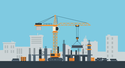 Obraz premium Construction site with crane lifting materials, modern buildings in background, urban development concept