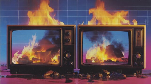 Two retro CRT televisions on fire with bright flames and dark smoke, set on a colorful neon gradient studio backdrop with grid texture, symbolizing media crisis