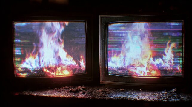 Two old CRT televisions display flames with heavy glitch and scanline distortion in a dark room, creating a retro cyberpunk mood for technology failure concepts