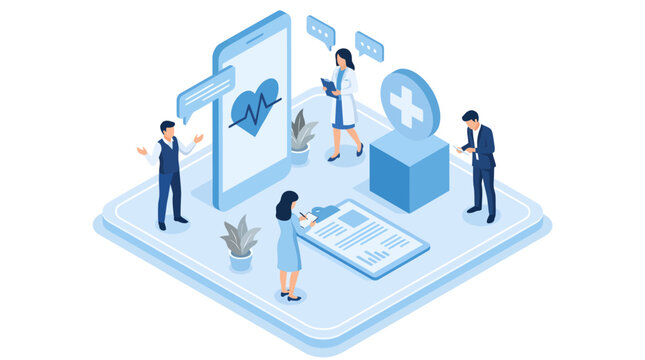 Modern telemedicine is depicted in an isometric illustration where tiny healthcare professionals and patients interact near a large smartphone displaying a heartbeat, a clipboard, and a medical cross