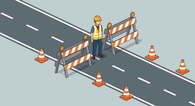 Construction worker standing behind road barriers and traffic cones, road closure ahead