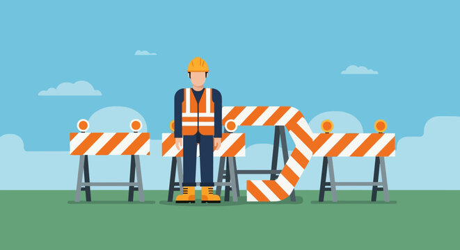 Construction worker standing by road barriers, safety equipment, outdoor scene