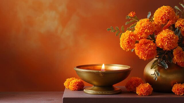 Serene diya marigold arrangement with brass vase and glowing oil lamp on textured table, warm bokeh background, soft flame flicker, offering and ritual mood,