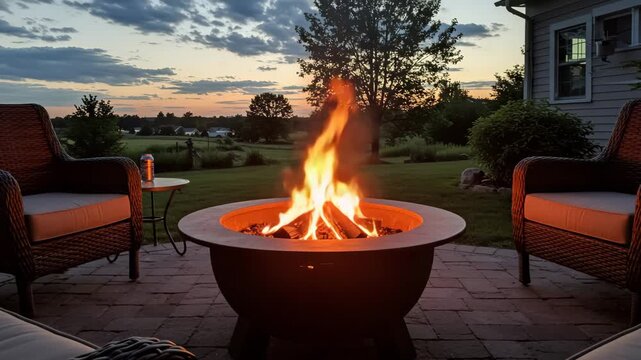 Cozy outdoor fire pit with flames and comfortable seating at dusk  