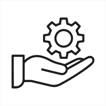 Hand holding a gear icon representing support for mechanical engineering and business solutions