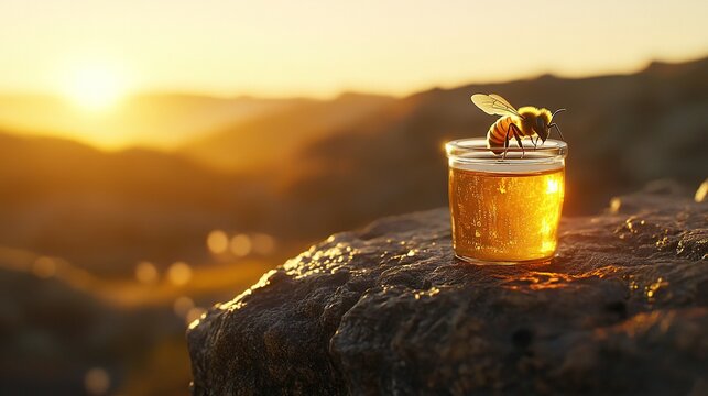 honey bee perched on the rim of a glass jar filled with golden honey, placed on a rugged rock surface during a warm sunset, natural, idyllic atmosphere ideal for nature, organic, wellness promotions