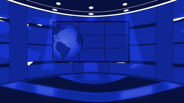Modern news studio background with globe and screen animation
