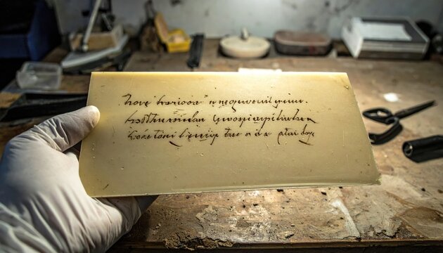 Ancient Roman Wax Tablet With Cursive Script Inscriptions, Held By Gloved Hand.