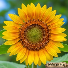 Obraz premium Bright yellow sunflower with textured center in natural sunlight welcome may banner