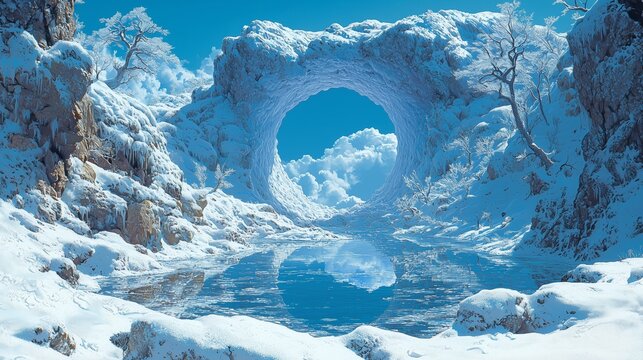 Scenic winter landscape with a natural rock arch above a frozen lake, snow covered cliffs and bare trees under clear blue sky, serene wilderness background