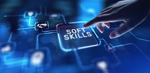 Plakat Soft Skills Enhancing Communication and Interpersonal Effectiveness, projection on a virtual screen, Business and Technology Concept.