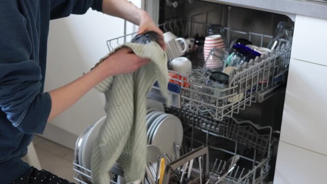 Person drying dishes with a towel after using the dishwasher