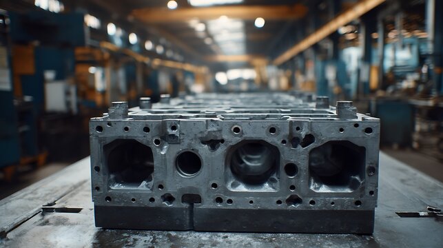 Engine cylinder block on a table in a factory with machinery