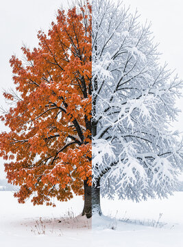 A tree showcasing the transition from autumn to winter with leaves turning orange on one side and snow-covered branches on the other.