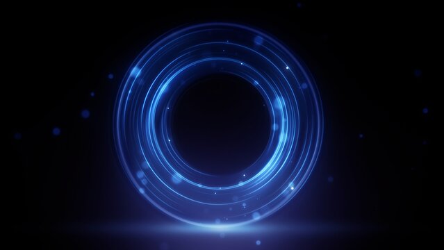 Radiant blue holographic circle displaying flowing digital particles amidst neon sparks