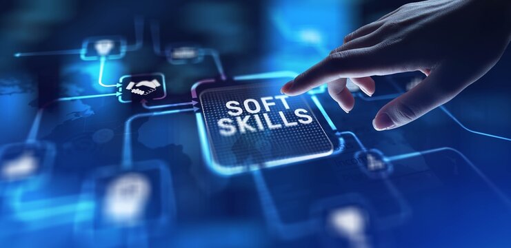 Soft Skills Enhancing Communication and Interpersonal Effectiveness, projection on a virtual screen, Business and Technology Concept.