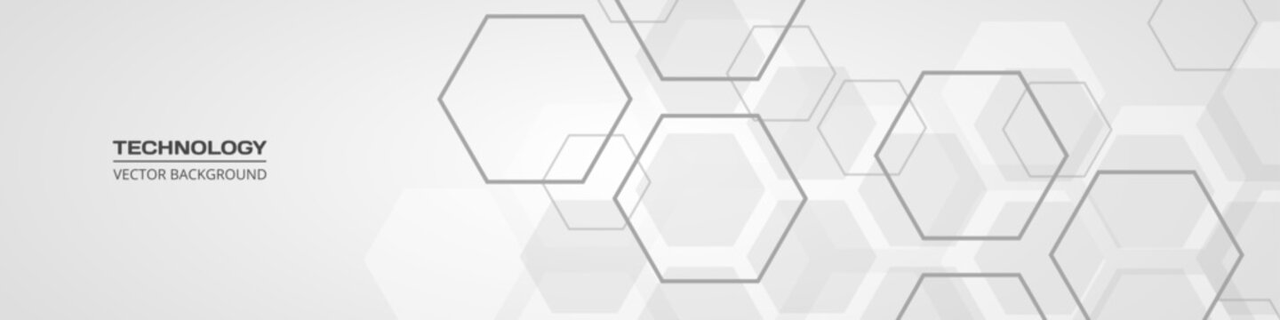 Light gray hexagon technology abstract background soft gradient minimalist honeycomb pattern with subtle hex outlines and faint nodes. Wide tech banner with hexagonal pattern.