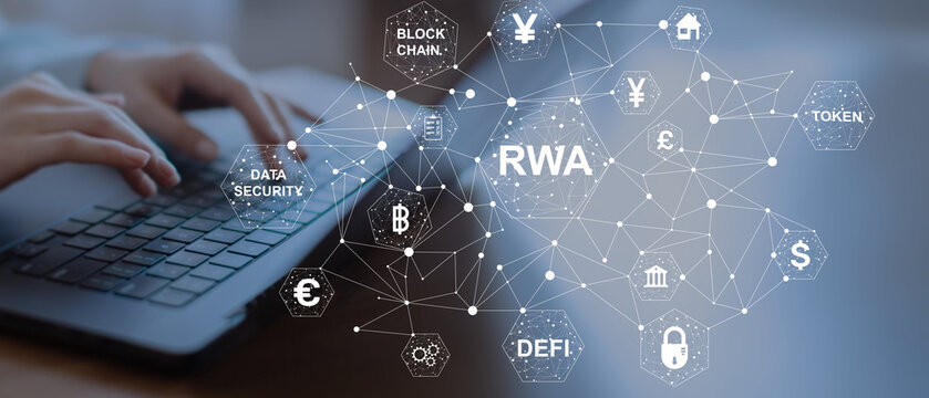 RWA decentralized finance concept with blockchain based asset tokenization network.