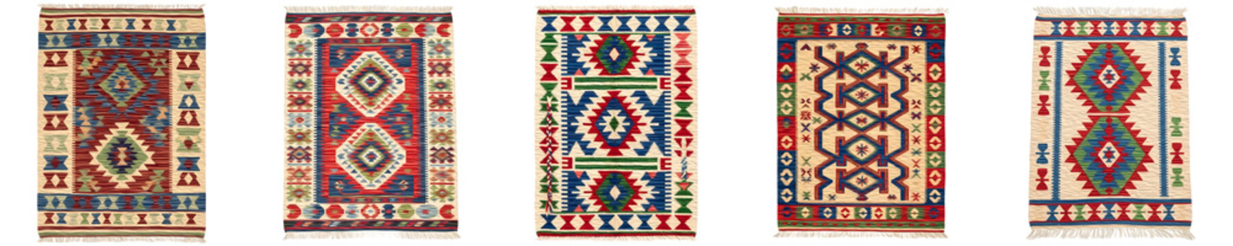 Vibrant Mexican Kilim Rug Set Isolated on White Background - Traditional Southwestern Geometric Pattern Tapestry Collection, Tribal Boho Textile Art 3D Render Illustration PNG