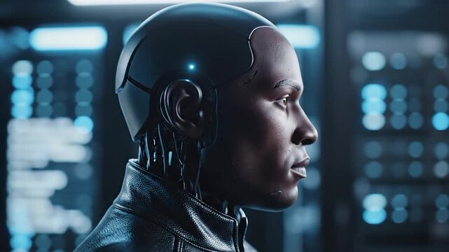 A futuristic portrait of a humanoid figure with glowing eyes, set against a blurred background of technological equipment and data servers