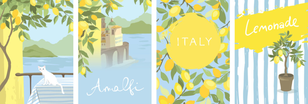 Summer trip to Italy. lemonade and lemons. Summer and Mediterranean themed design set. Hand drawn vector illustration in watercolor style.