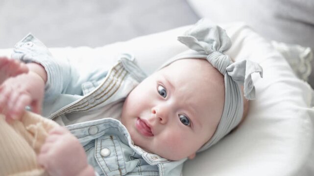 Adorable baby with Down syndrome looking at the camera with bright blue eyes