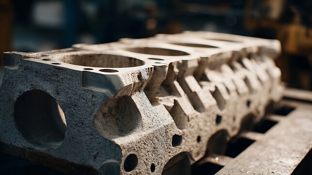 Closeup of a dirty engine block on a metal surface in a workshop