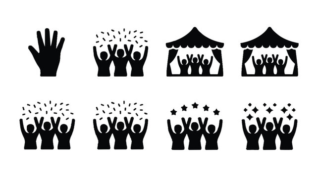 Black silhouettes of hands and people celebrating with confetti and stars