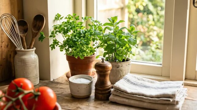 Kitchen scene with fresh tomatoes, herbs, eggs, and olive oil in warm sunlight, beautifully arranged cooking ingredients for home food and lifestyle concepts, cozy atmosphere, realistic detail, no